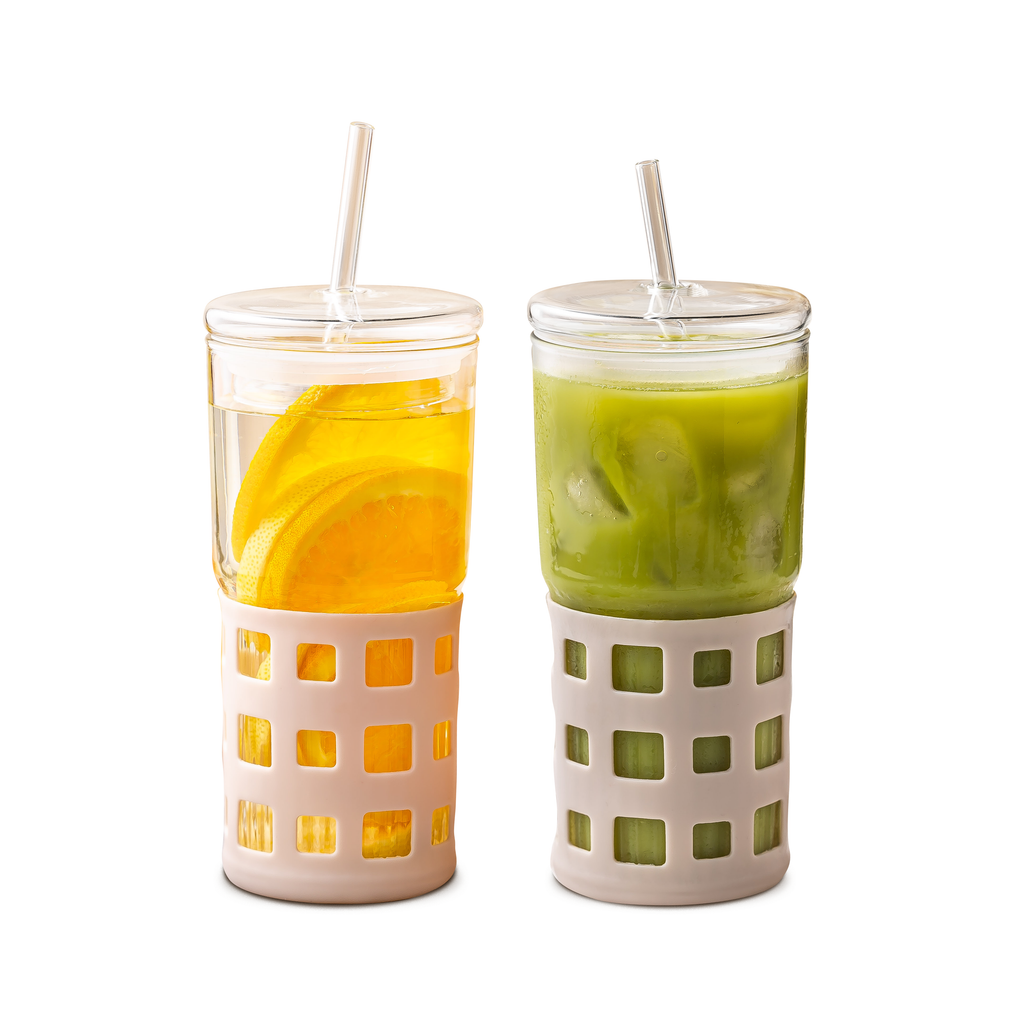 All Glass Juice Tumblers with Lid, Straw & Silicone Sleeve - 2 Pack Se