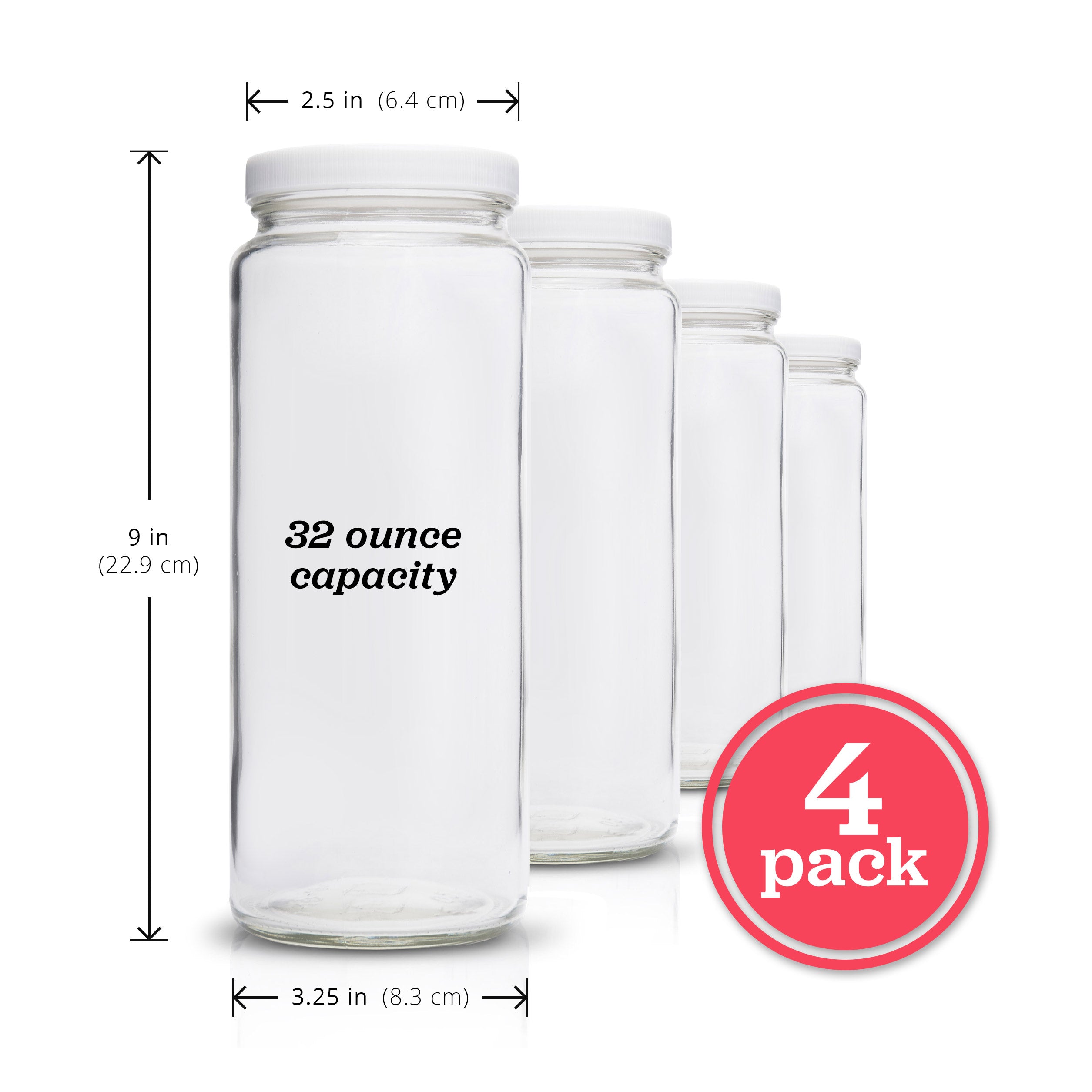 Original Series Extra Large Glass Bottles w/ White Lids, 32 oz