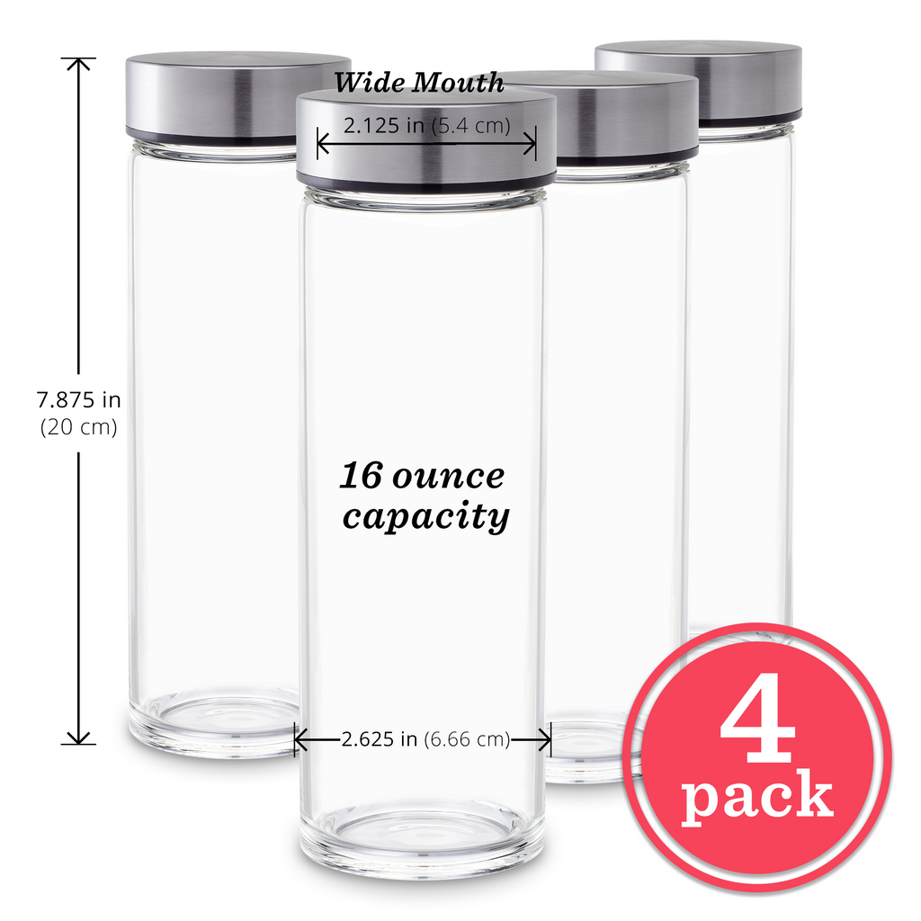 Skinny Series Wide Mouth Glass Bottles Set w/ Stainless Steel Lids, 16 oz