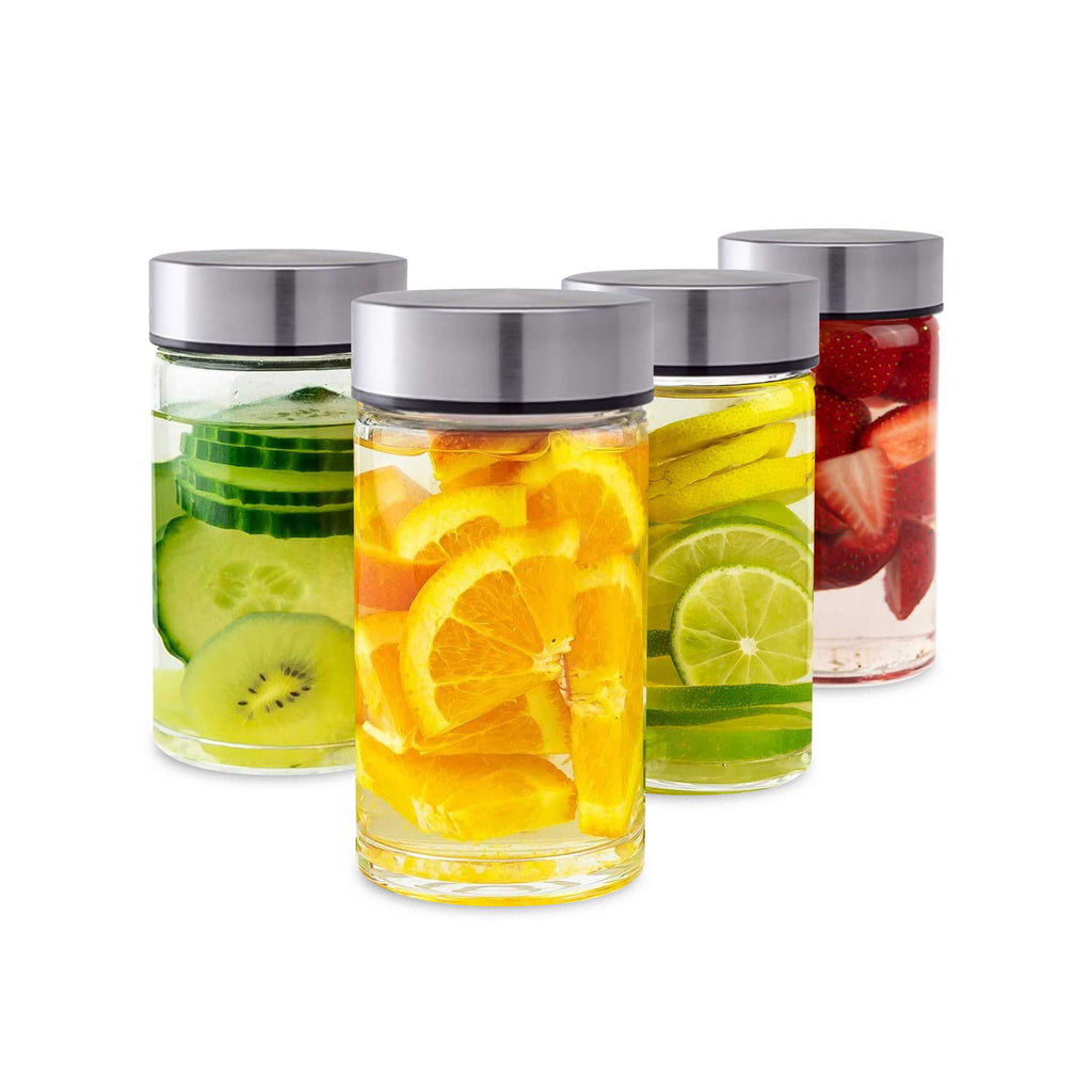 Juice Bottles - 4 Pack Wide Mouth Glass Bottles with Lids - for Juicing, Smoothies, Infused Water, Beverage Storage - 10oz, BPA Free, Stainless