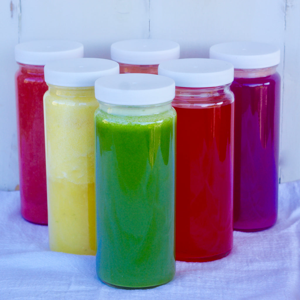 Glass Juice Shot Bottles Set w/ Colored Lids & Grip Bands, 8 Pack Set
