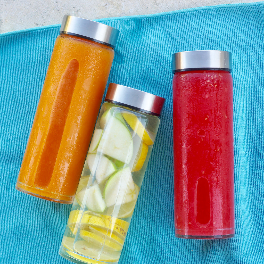  Juice Bottles - 4 Pack Wide Mouth Glass Bottles with Lids - for  Juicing, Smoothies, Infused Water, Beverage Storage - 16oz, BPA Free,  Stainless Steel Lids, Leakproof, Reusable, Borosilicate : Sports & Outdoors
